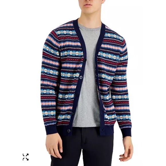 Club Room Mens XL Cardigan Sweater Blue Red Cozy Fair Isle Patterned Knitwear - Picture 2 of 12